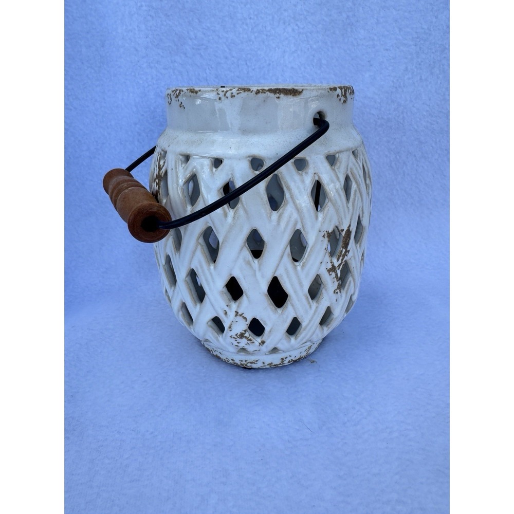 Distressed White Ceramic Lantern Candle Holder Wood Handle 7"